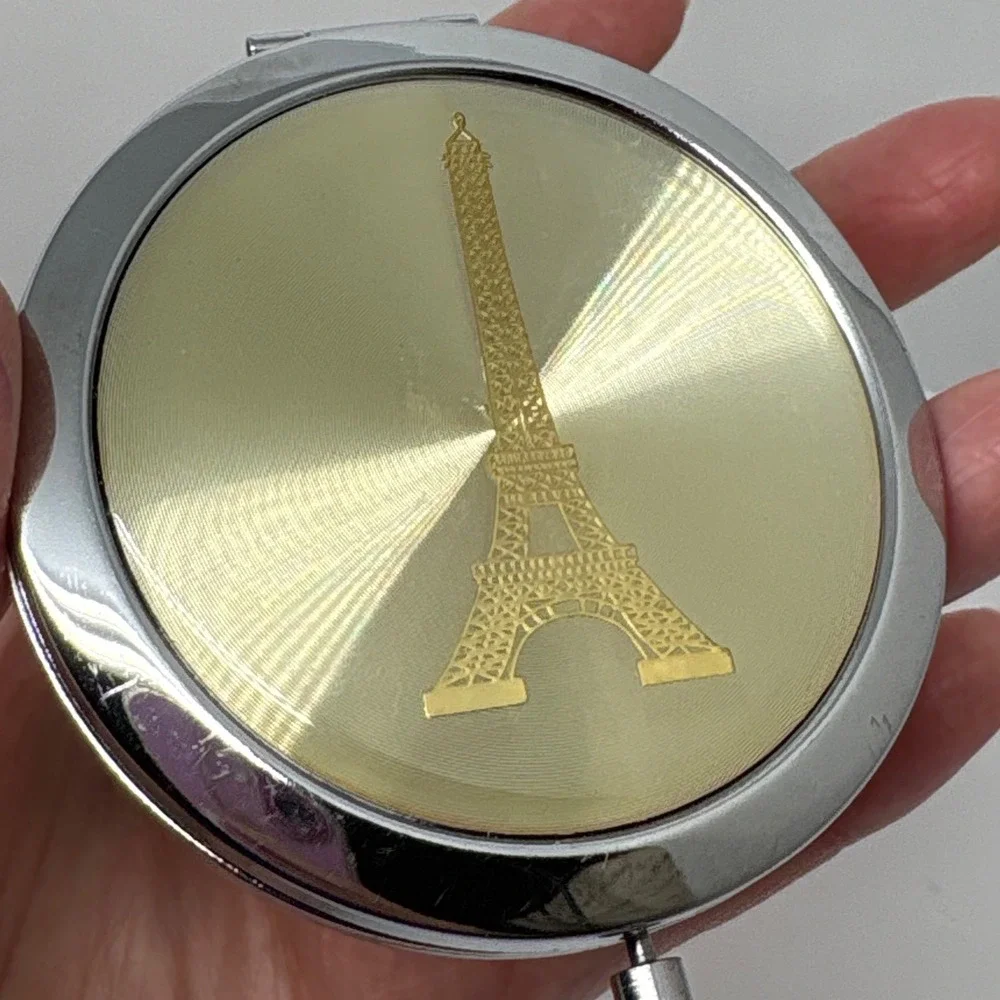 Vintage Eiffel Tower Compact‎ Mirror Silver Gold Paris Travel Makeup Pocket Case